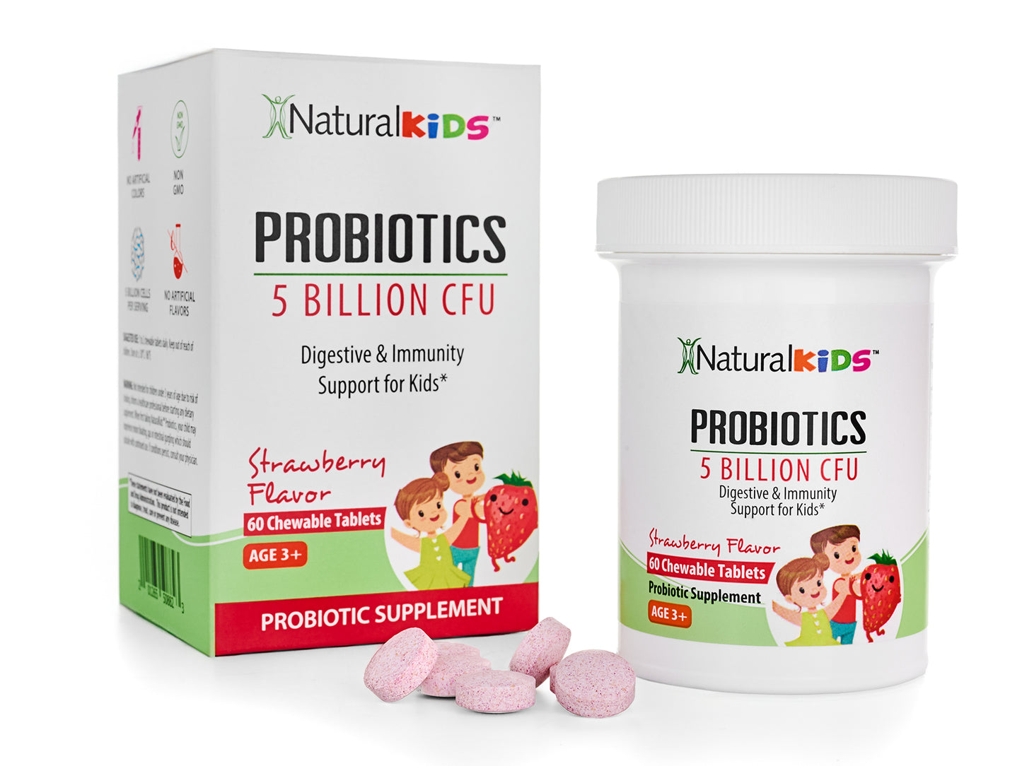 NaturalKids® PROBIOTICS™ Tabletas masticables 5 mil millones de UFC por porción | Probióticos en tableta masticable 60 tabletas masticables | Sabor Fresa - NaturalSlim USA